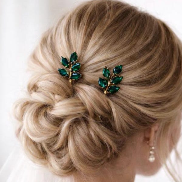 Green Crystal Rhinestone Hair Pins for Updo’s  (Set of 2 pins)
