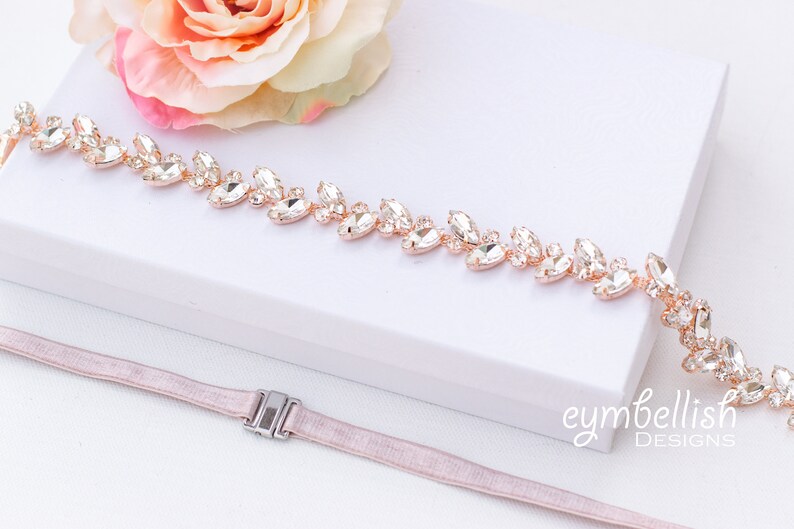 Bridal Belt with Elastic Clasp, Fitted rhinestone Bridal Sash, crystal wedding belt with hook clasp, leaf bridesmaids belt with elastic B034 image 5