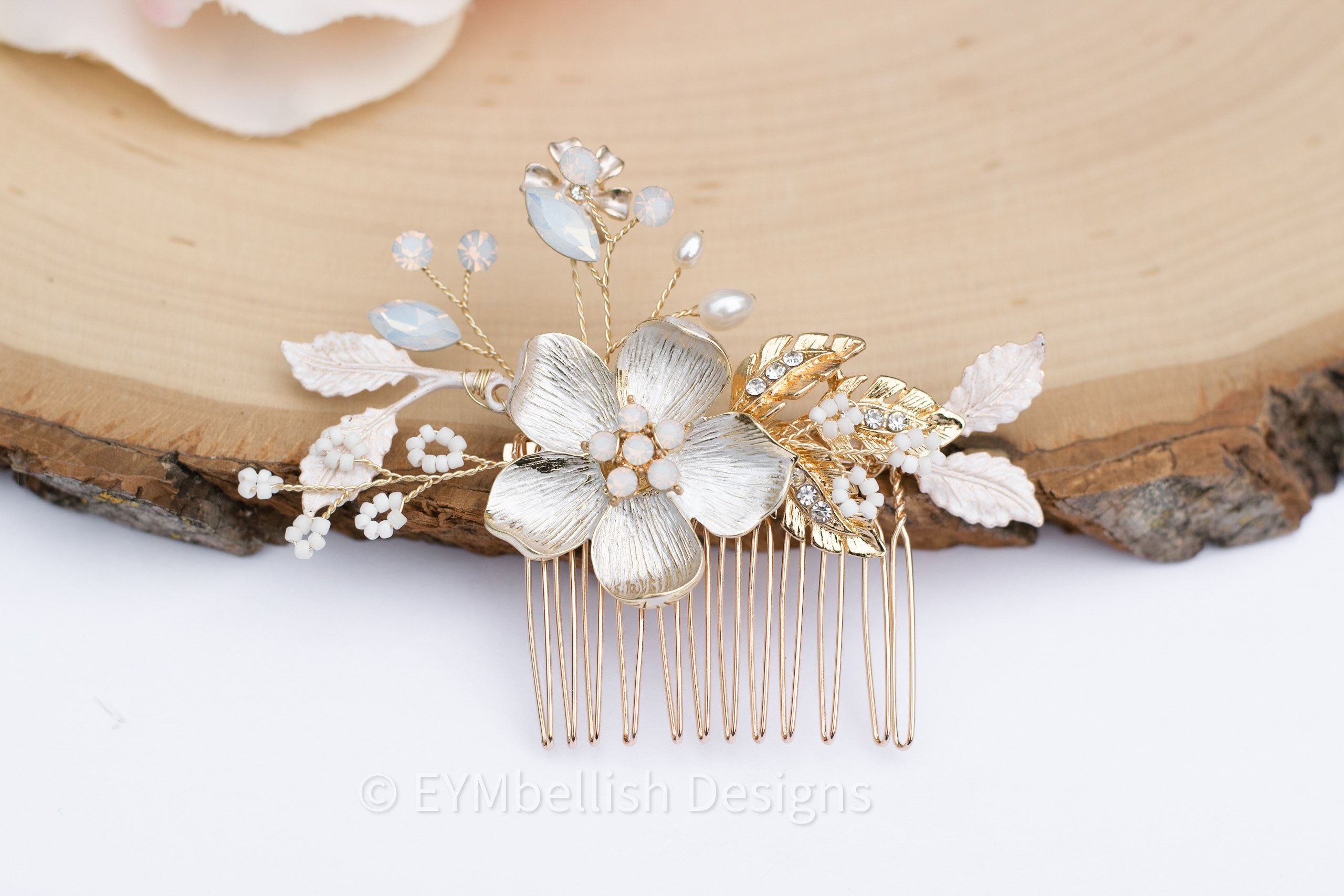 Floral Bridal Wedding Hair Comb in Gold with blush and opalite details Blush Gold Bridal Hair Comb: Vintage Opal Rhinestone Flower  main image 4