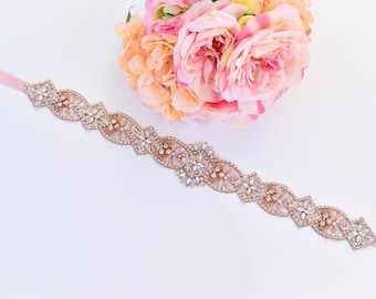 Rose Gold Crystal Rhinestone Bridal Belt on Satin Sash Bridal Sash -Rose Gold Rhinestone Belt -rosegold Wedding Accessories belt - b105