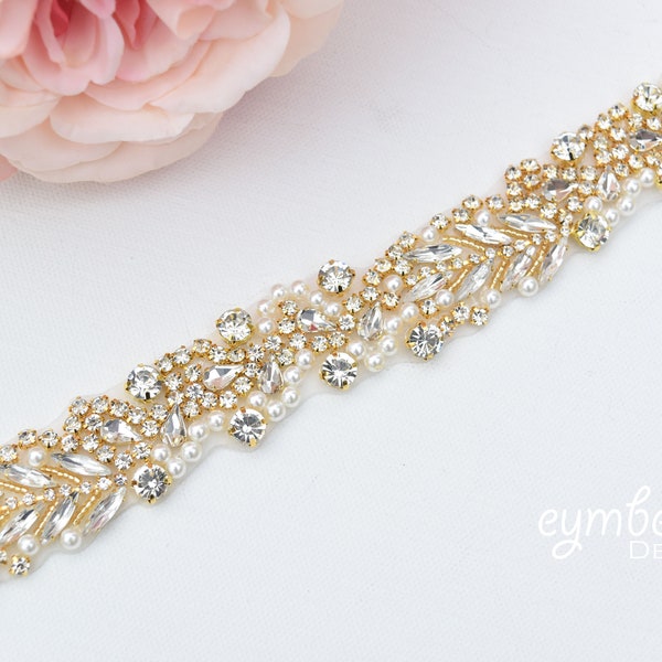 Gold and Pearl Bridal Belt- All the Way Around Thin gold lead vine Rhinestone Belt with Clasp Closure- pearl Wedding Belt B103