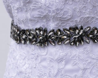 Black Rhinestone Bridal Belt on Ribbon - Black Crystal Bridal Sash- Rhinestone Belt- Black Wedding dress Accessory B022