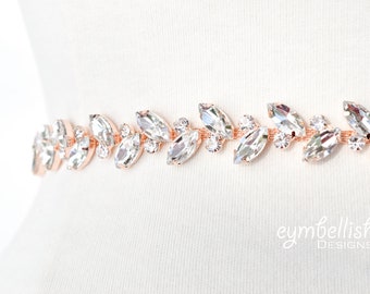 Bridal Belt- bridesmaids Belt- rose gold leaf bridal Sash- rhinestone wedding belt B034