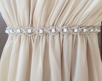 Custom Thin Silver Crystal and Pearl Rhinestone Belt - Bridal Belt or pearl Bridesmaids Belt - Pearl Bridal Belt - Pearl Sash-EYM B036 Pearl