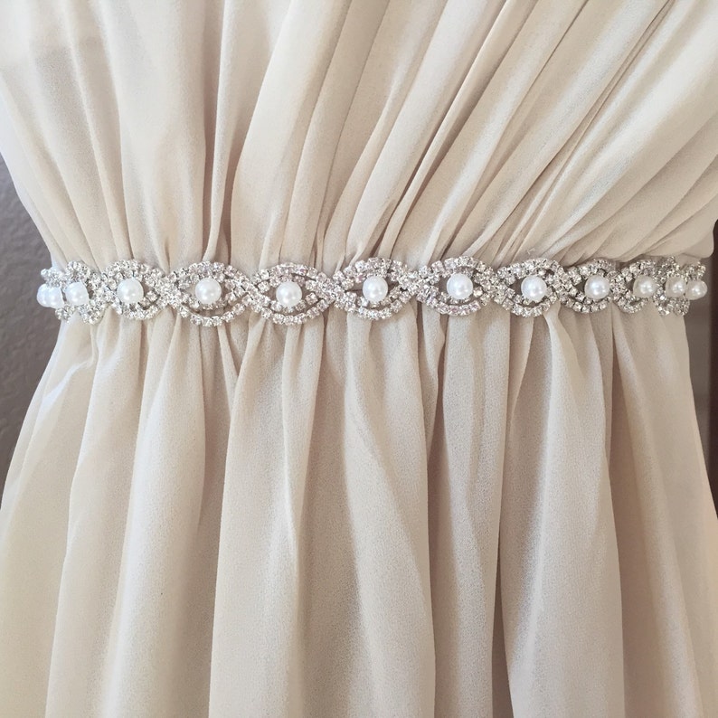 Custom Thin Silver Crystal and Pearl Rhinestone Belt Bridal Belt or pearl Bridesmaids Belt Pearl Bridal Belt Pearl Sash-EYM B036 Pearl image 1