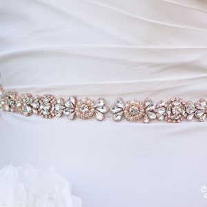 Full Length Rose Gold Pearl Bridal Belt- All the Way Around Thin Rhinestone Belt with Clasp Closure- pearl Wedding Belt- rose gold B041