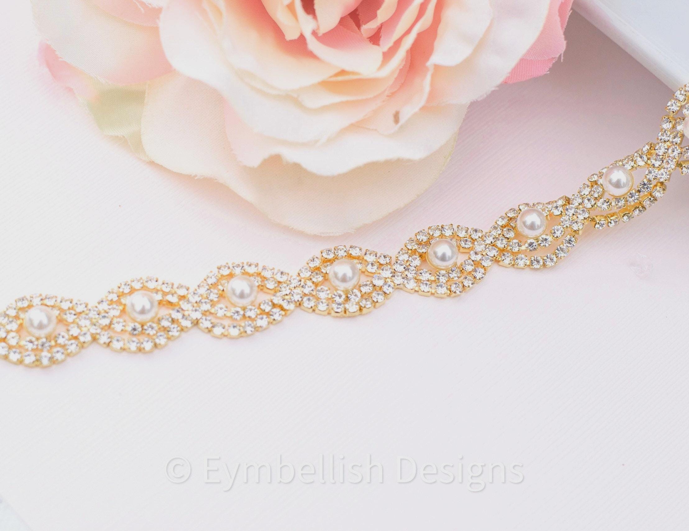 1545 Thin Bridal Belt With Pearls Rhinestones Shiny Crystal Bridesmaid Crystal Rhinestone Pearl Bridal Belt With Clasp - Eymbellish  main image 2
