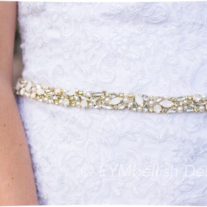 Opal Gold Bridal Belt with clasp- Full Length White Opal Beaded Wedding Sash- Opal Thin Bridesmaids Belt Gold - Gold Bridal Belt- B117