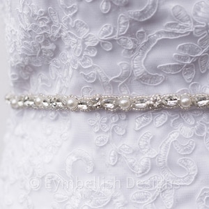 Thin Crystal And Pearl bridal Belt- Silver Bridesmaid Belt with pearl, Thin Crystal Wedding Belt- Wedding beaded Sash- B059