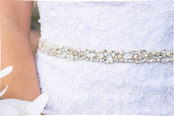 Iridescent White Bead Wedding Belt White Opal Bridal Belt: Pearl & Diamante Wedding Dress Sash  main image 3