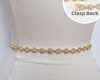 Thin Gold Crystal Rhinestone Belt with clasp hook- full length Bridal Belt- gold Bridesmaid Belt- Thin Crystal full length Wedding belt-B024