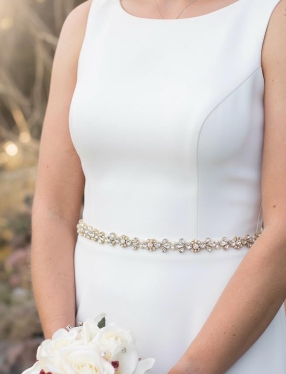 gold beaded belt for dress skinny Ronda beaded sash gold / satin / champagne main image 1