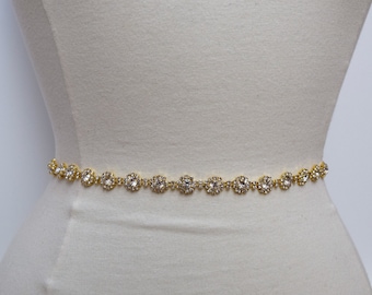 Thin Gold Crystal Rhinestone Belt- Bridal Belt or gold Bridesmaid Belt- Thin Crystal Bridal Belt- Gold Bridal Belt- Gold Wedding Sash- B024