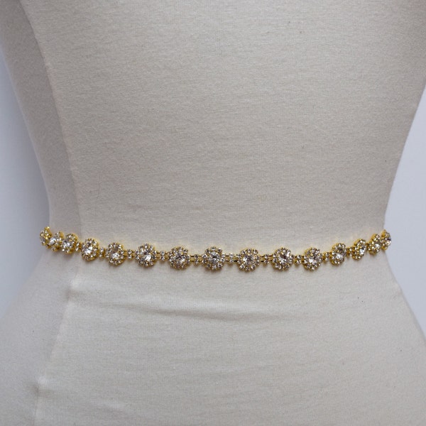 Thin Gold Crystal Rhinestone Belt- Bridal Belt or gold Bridesmaid Belt- Thin Crystal Bridal Belt- Gold Bridal Belt- Gold Wedding Sash- B024