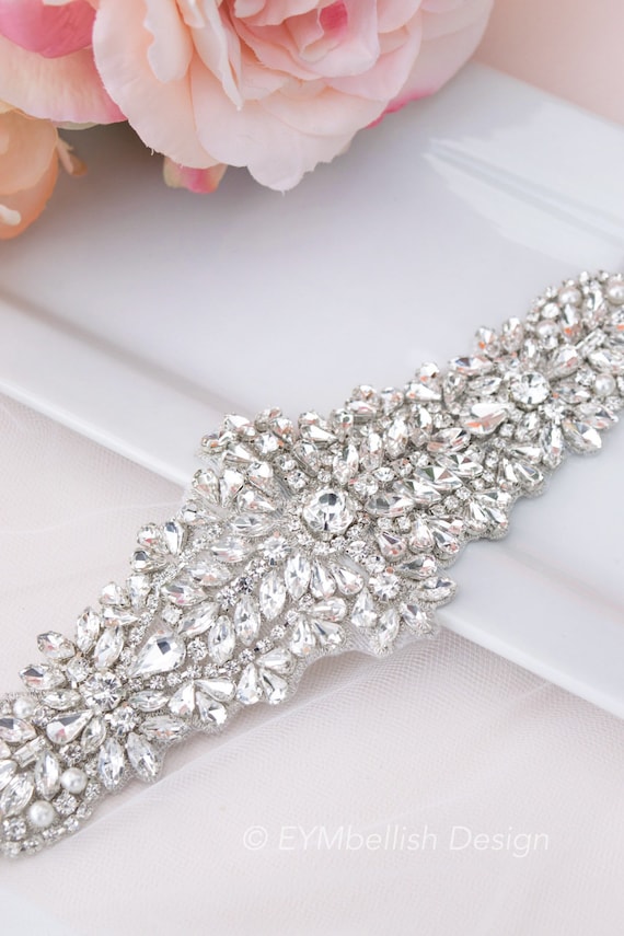 Silver Beaded Belt with Crystal Embellishment Crystal Rhinestone Bridal Belt With Clasp – All-around  main image 2
