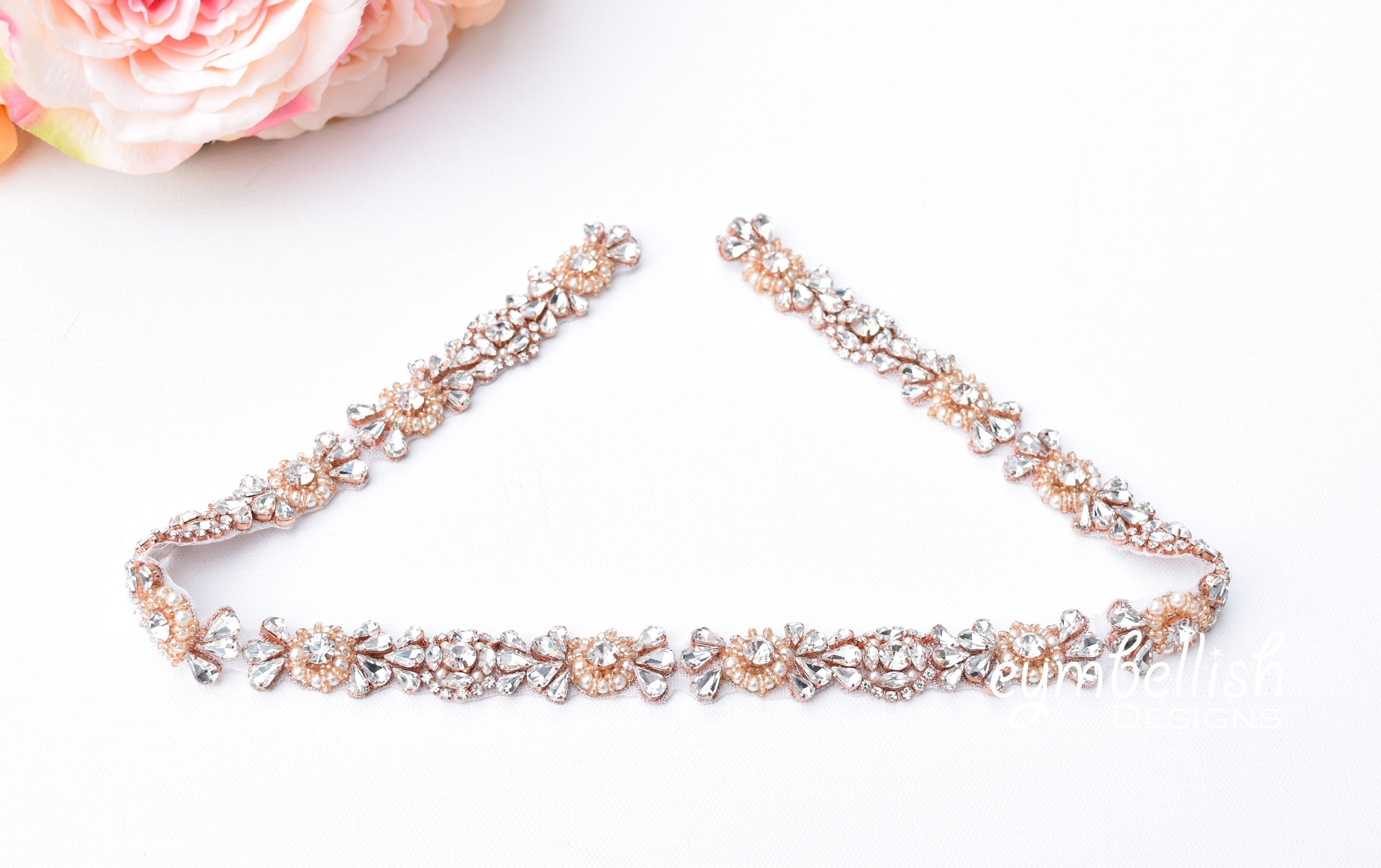Rose Gold Rhinestone Pearl & Crystal Belt 36.25” Rose Gold Bridal Belt, Crystal and Pearl Belt, Rhinestone  main image 3