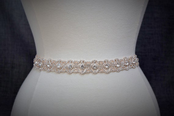 Thin Rose Gold Crystal Rhinestone Belt - Rose Gold Bridal  display picture 3