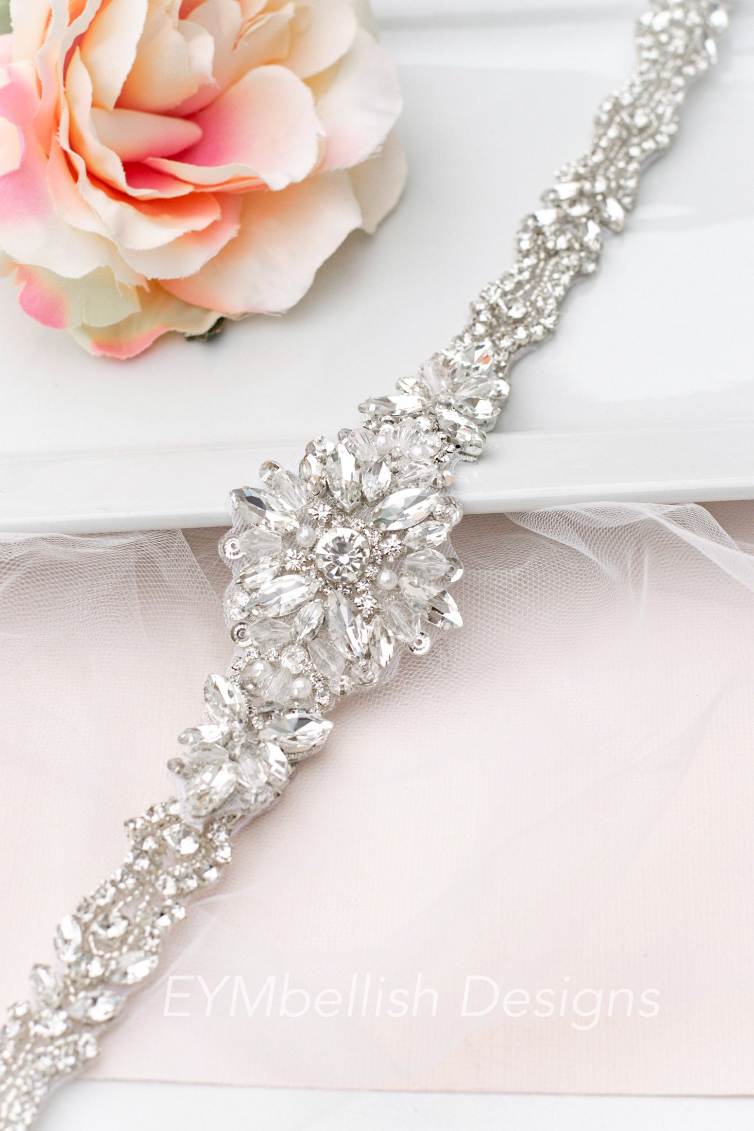 Vintage Silver Crystal MicroBead, sparkly tie belt sash lariat, 50\