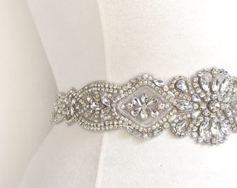 Crystal Rhinestone Bridal Belt on Satin Sash - Wide Bridal Sash - Large Rhinestone Belt Applique Pearl- Silver Wedding Accessories- B104