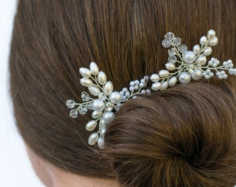 Real Pearl Hair Pins 2/pc in silver-  Vintage pearl spray Haircomb- pearl wedding hair accessory- wedding hairpiece- hair clip pearl- H027