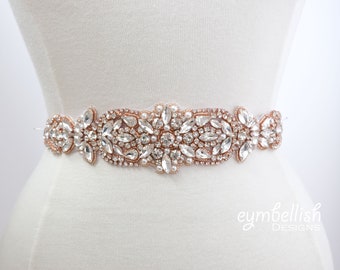 Customized Rose Gold Crystal Rhinestone Bridal Belt on Ribbon Sash- Bridal Sash- Rosegold Rhinestone Belt- Blush Wedding Accessories b081