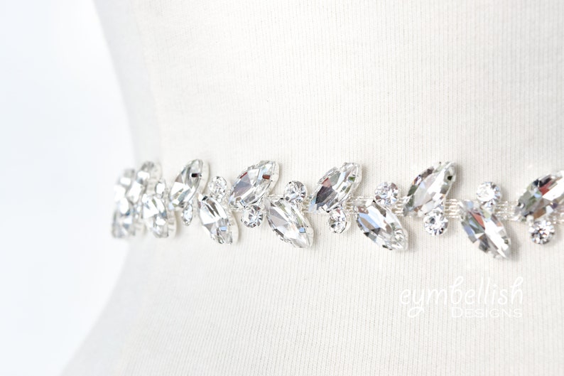 Bridal Belt with Elastic Clasp, Fitted rhinestone Bridal Sash, crystal wedding belt with hook clasp, leaf bridesmaids belt with elastic B034 image 2