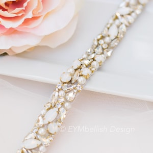 Opal Gold Bridal Belt with clasp- Full Length White Opal Beaded Wedding Sash- Opal Thin Bridesmaids Belt Gold - Gold Bridal Belt- B117