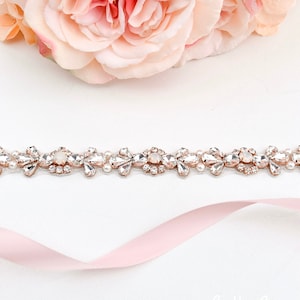 Thin Rose Gold Opal Bridal Belt- Wedding Sash- Thin Rhinestone Belt- Narrow Bridesmaids Belt- vintage bridal sash- opal beaded belt -B009