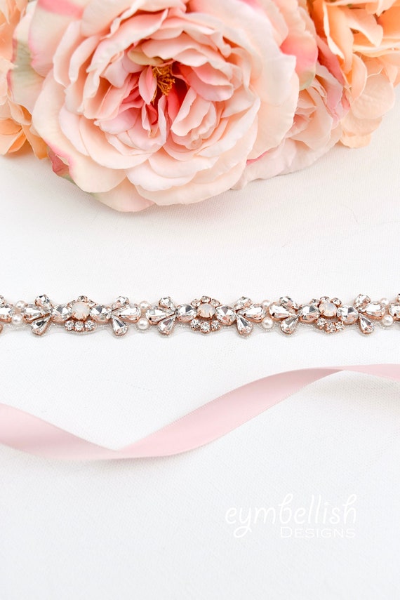 Thin Rose Gold Opal Bridal Belt- Wedding Sash- Thin  display picture 3