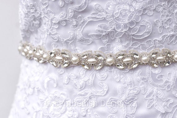 3527 Thin Bridal Belt With Pearls Rhinestones Shiny Crystal Bridesmaid Pearl Bridal Belt – Rhinestone Wedding Sash - Etsy main image 4