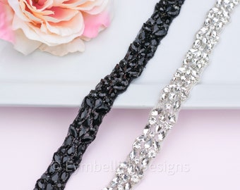 Full Length black Crystal Rhinestone Bridal Belt-  All the Way Around black belt with Clasp Closure - 1" Bridal Belt - Wedding Belt B047