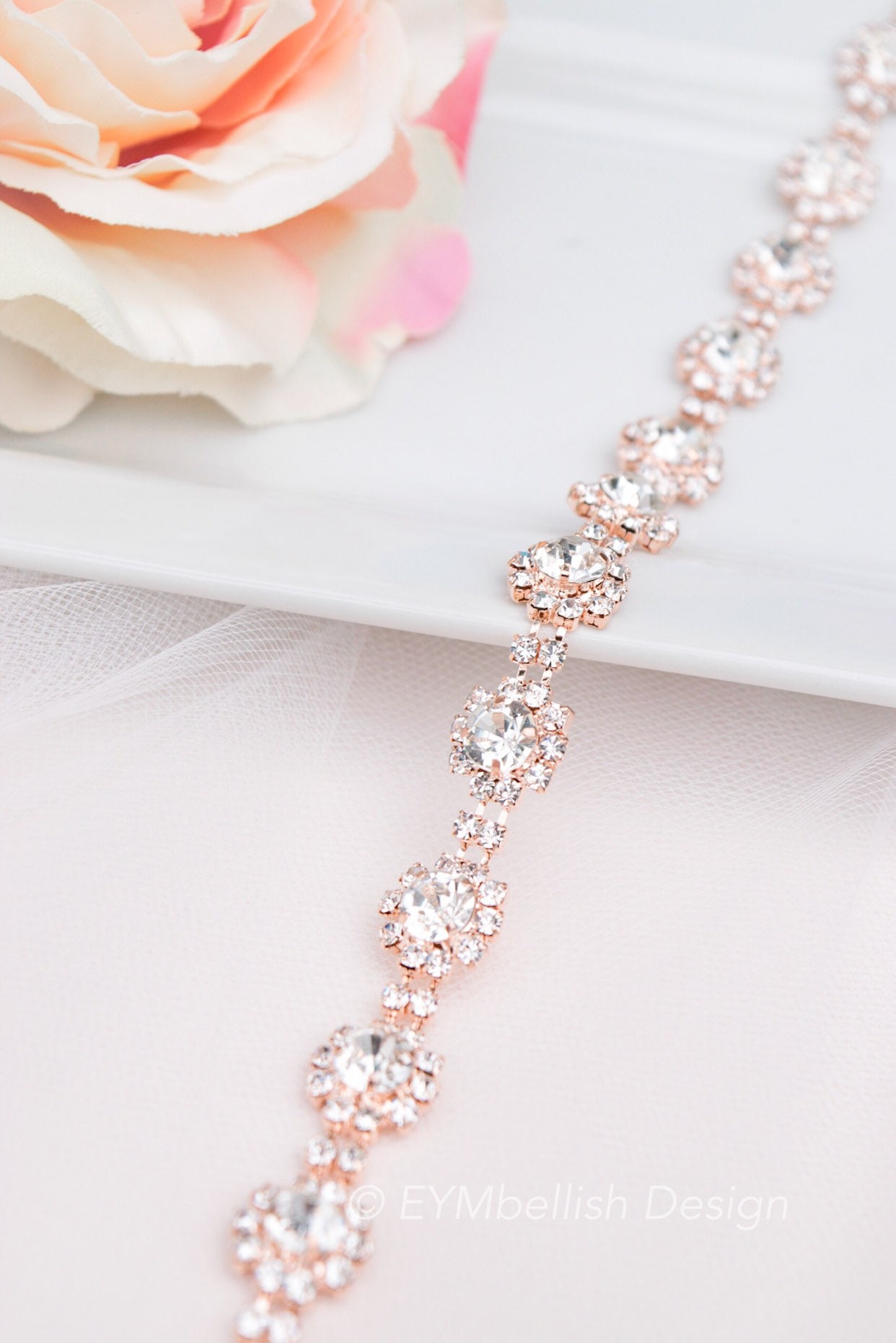 Cintura Nuziale A Fascia Con Strass Cristallo E Nastro Di Organza - Oro - Accessorio Per Abito Da Sposa, Damigella E Cerimonie - Lunghezza 270 Cm, Larghezza 49 Mm
