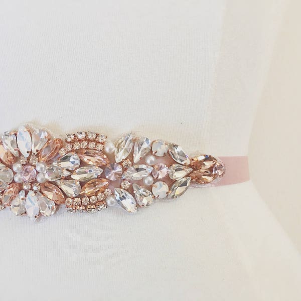 Champagne Bridal Belt on Ribbon Sash - Rose Gold Bridal Sash - opal blush wedding sash with champagne stones EYM B016