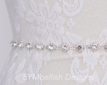 Clasp Crystal Belt with clasp hook- thin Bridal Belt- Silver Bridesmaid Belt- Crystal full length crystal Wedding Belt - B024