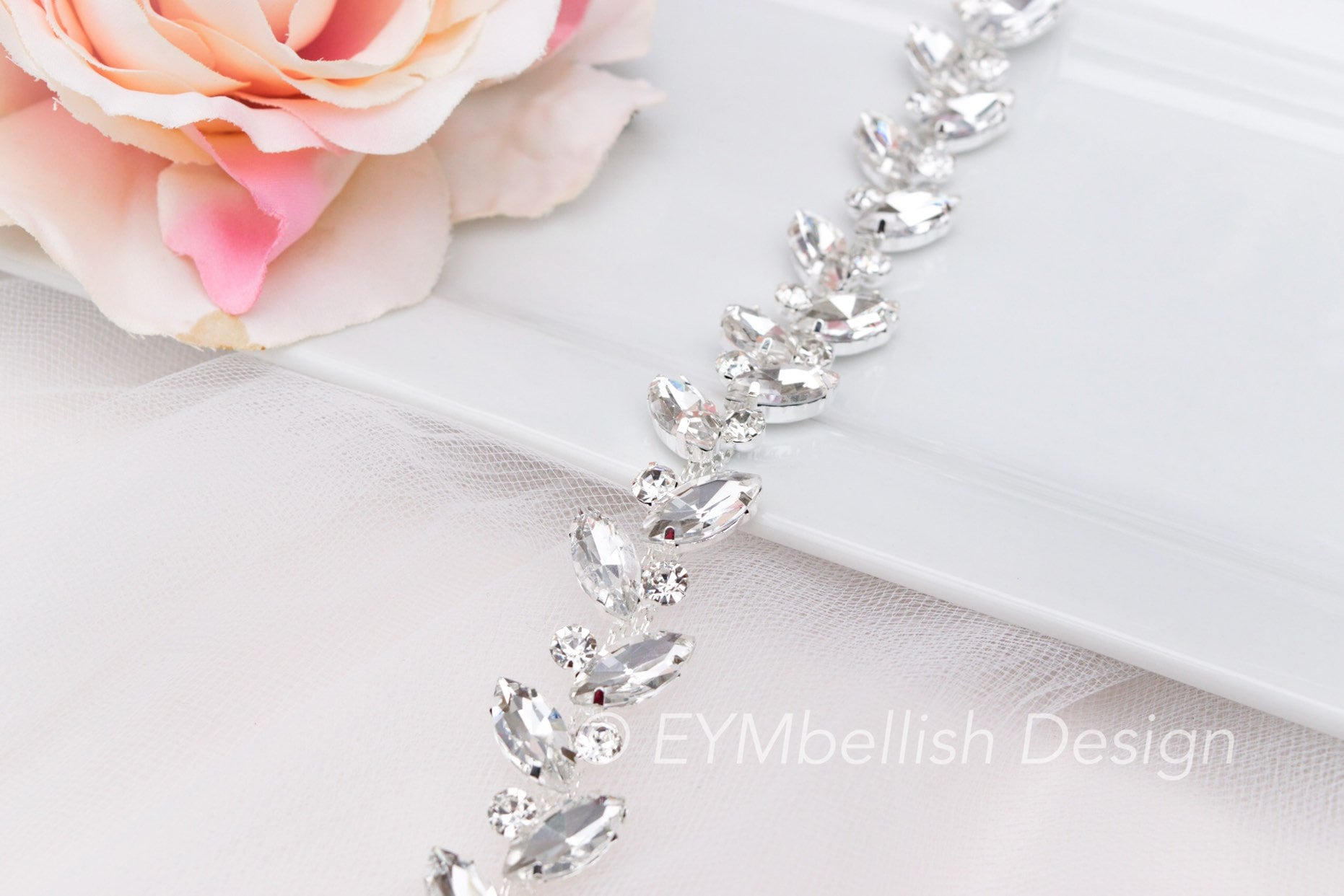 2141 Wedding Bridal Belts, Silver Leaf Rhinestone Belt Crystal Bridesmaid Thin Crystal Full Length Rhinestone Bridal Belt – Narrow  main image 3