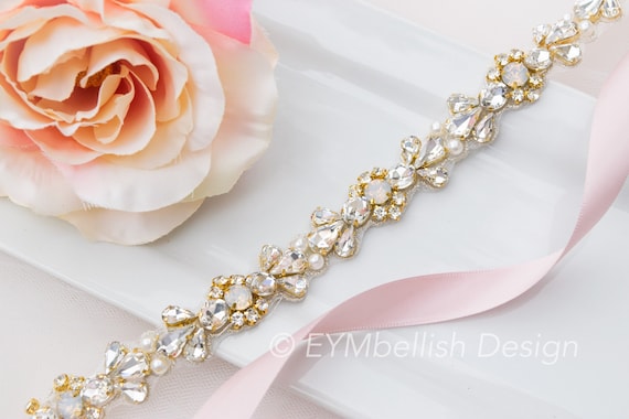 Gold Bridal Belt With Opal- Gold Wedding Sash- Thin Rhinestone - Main Image