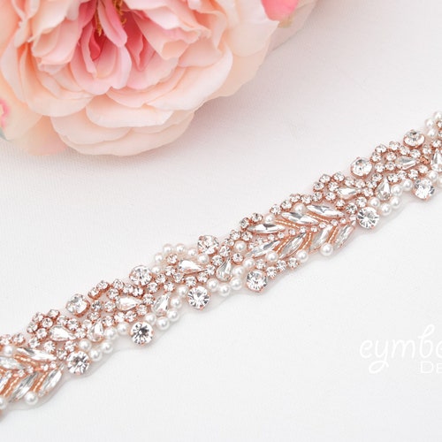 Thin Rose Gold and Pearl Bridal Belt With Clasp Full Length - Etsy