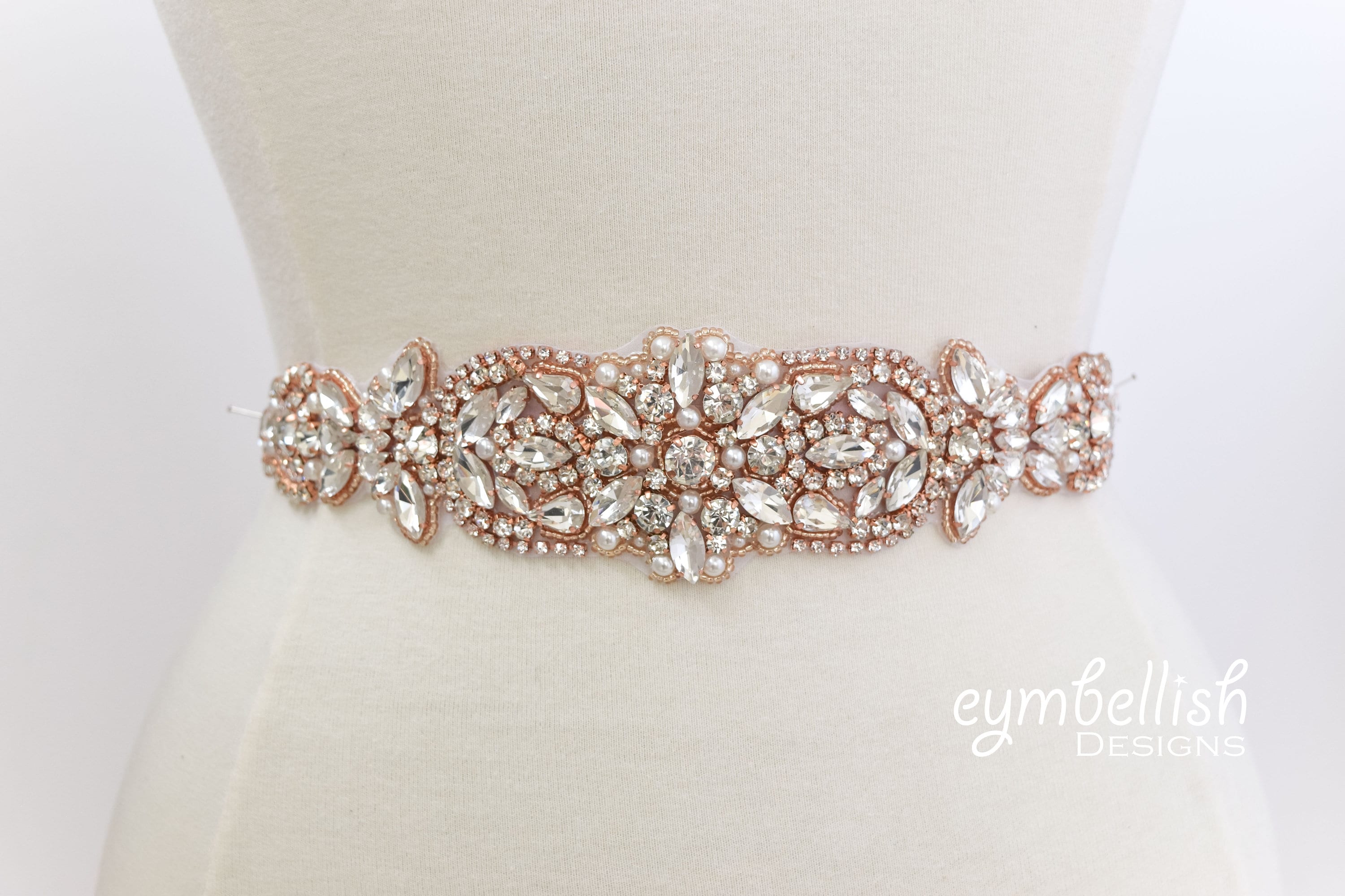 Rose Gold Crystal Rhinestone Bridal Belt on Ribbon Sash  display picture 1