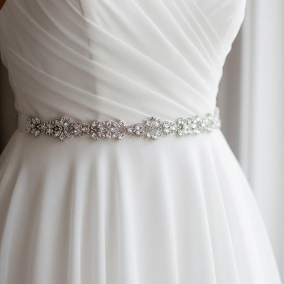 White House Black Market Crystal Rhinestone Bridal Belt Sash in Silver Small Thin Rhinestone Bridal Sash: Silver Crystal Wedding Dress  main image 3