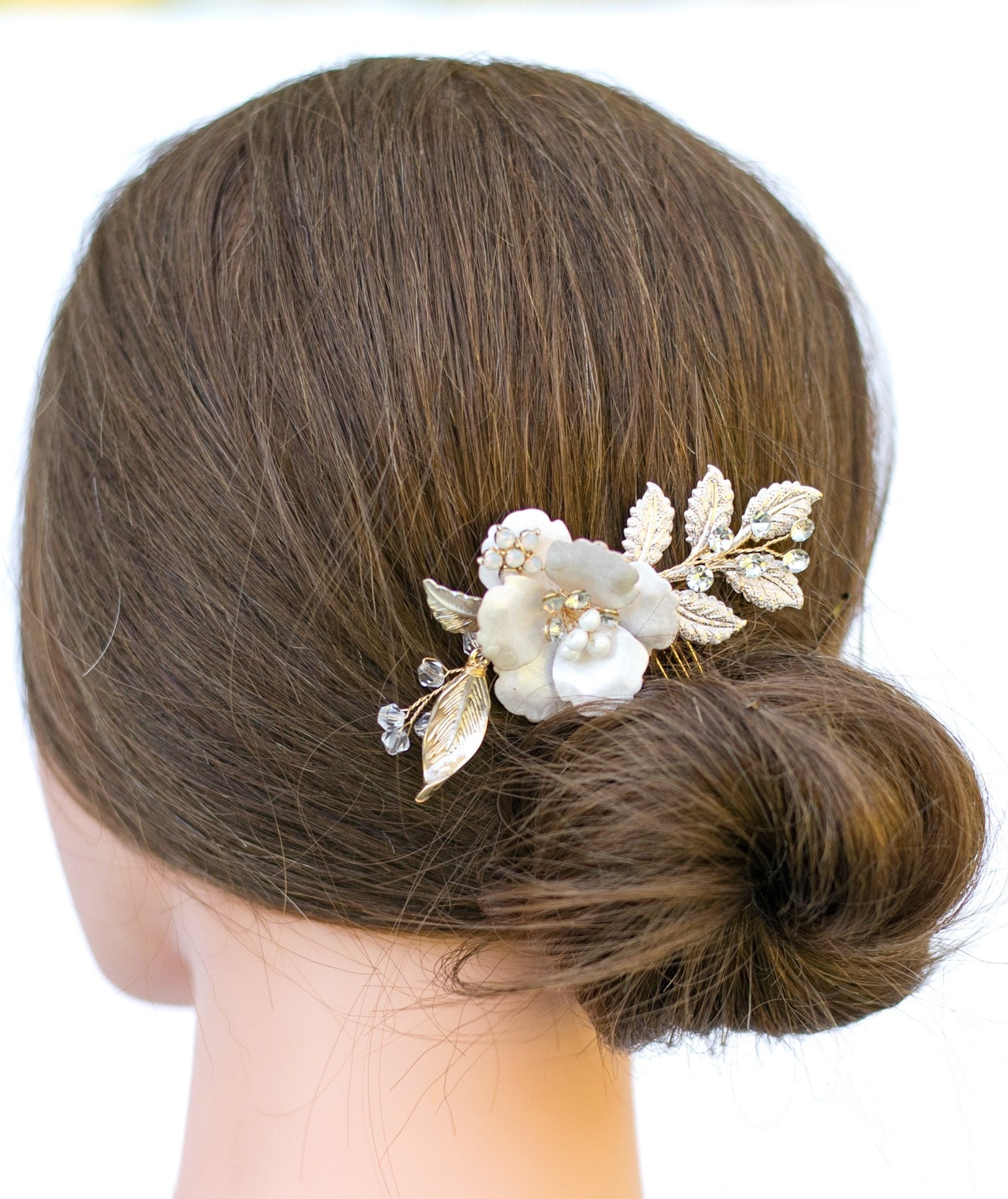 Floral Bridal Wedding Hair Comb in Gold with blush and opalite details Blush Gold Bridal Hair Comb: Vintage Opal Rhinestone Flower  main image 3