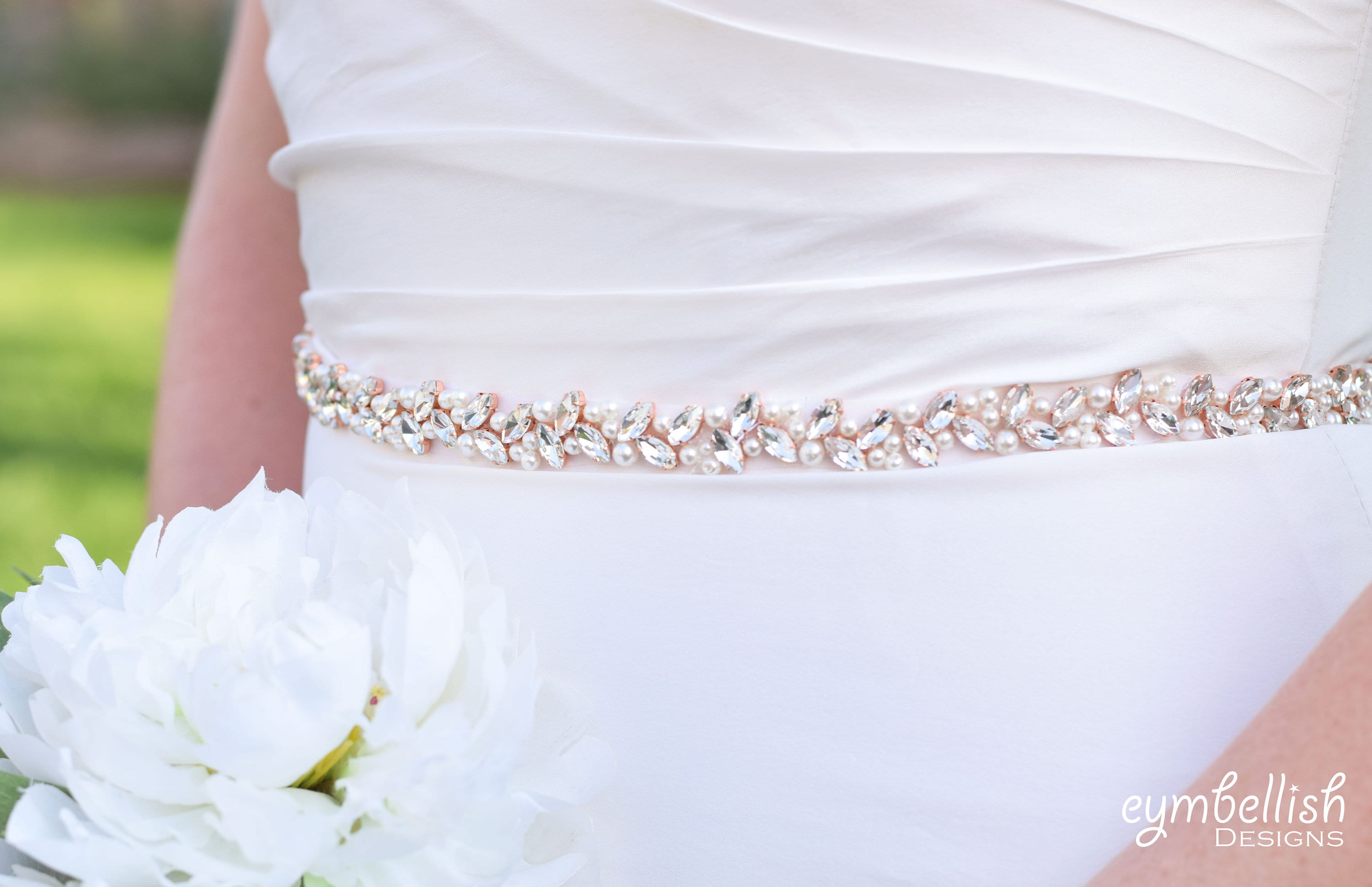 Rose Gold Pearl Bridal Belt, Crystal Bridesmaid Sash, Thin 