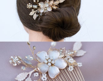 Blush and Gold Bridal Hair Comb with Opal Rhinestones- Vintage Wedding Hair Piece-  Rhinestone hair piece with flower-H023