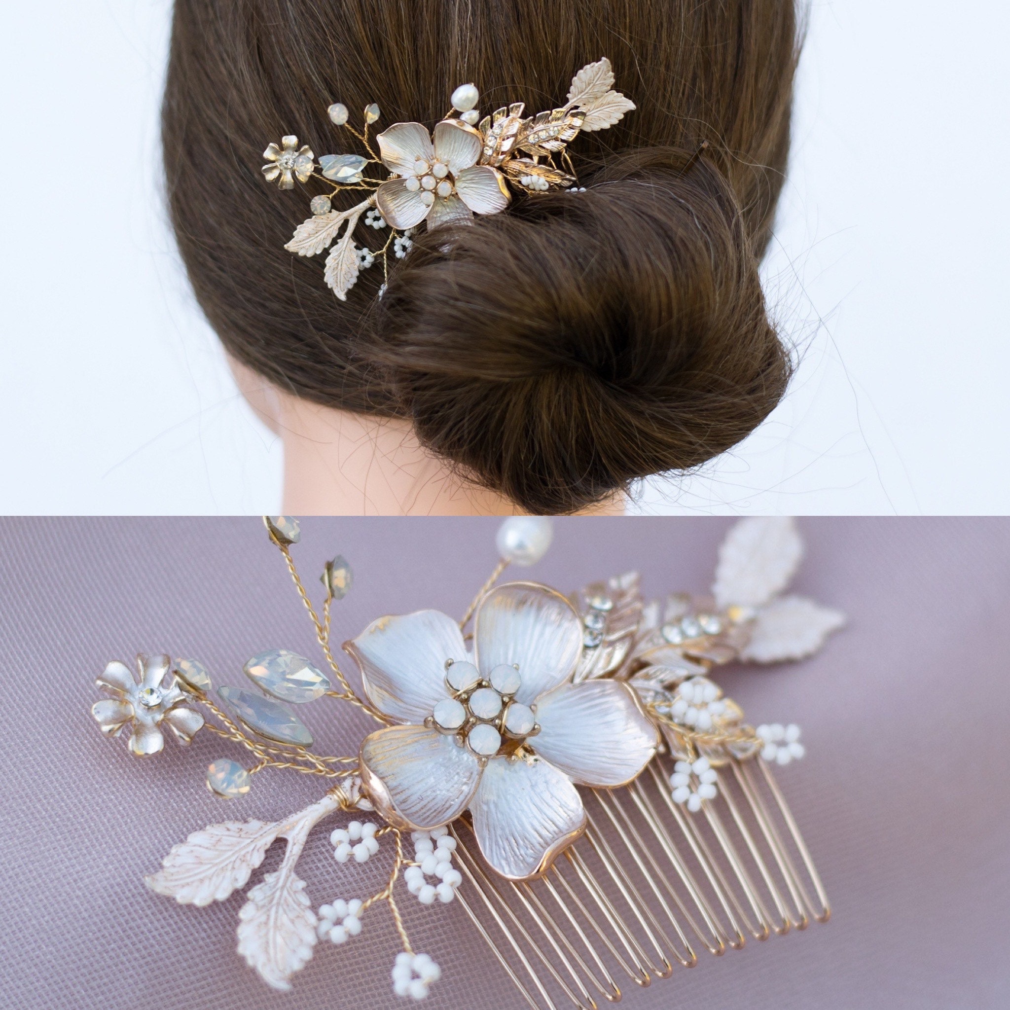 Blush Gold Bridal Hair Comb: Vintage Opal Rhinestone Flower 