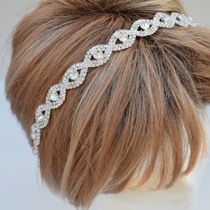 Thin Crystal Rhinestone Headband - rhinestone hair band- bridal hair piece-Crystal headband-hairband with ribbon-Gatsby- EYM B036