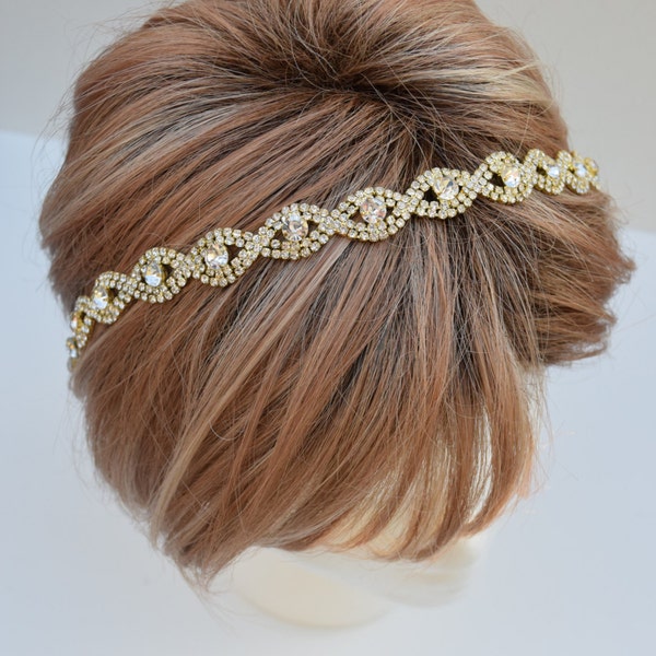 Thin Gold Crystal Rhinestone Headband - Gold rhinestone hair band- bridal hair piece-Crystal headband-hairband with ribbon-Gatsby- EYM B036