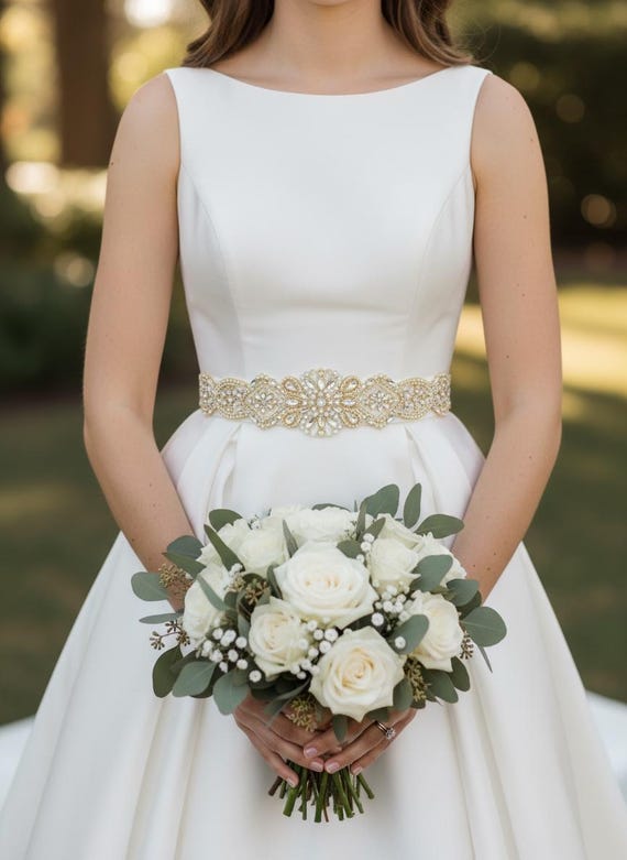 slim fit dress slacks Gorgeous Crystals Pearls Beads Bridal Sash Ivory main image 0