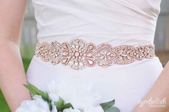 Bridal Wedding Dress Sash Rose Gold Rhinestone Crystal Pearl Encrusted Applique 