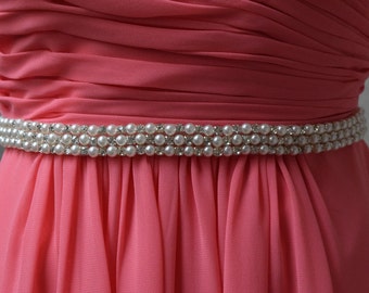 Thin Rhinestone and Pearl Belt - Bridal Belt or Bridesmaids Belt - Pearl Bridesmaids Belt - Pearl Wedding Belt -  Thin Bridal Sash EYM B033