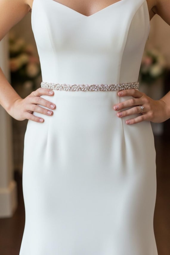 wedding dress belt rose gold Pearl Bridal with clasp- All the Way Around crystal Belt with Clasp Closure- thin Bridal Belt- 1