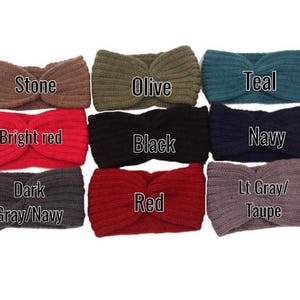 May include: Nine different colors of knitted headbands. The colors are stone, olive, teal, bright red, black, navy, dark gray/navy, red, and light gray/taupe.